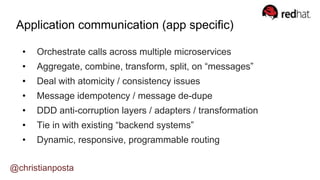 • Orchestrate calls across multiple microservices
• Aggregate, combine, transform, split, on “messages”
• Deal with atomicity / consistency issues
• Message idempotency / message de-dupe
• DDD anti-corruption layers / adapters / transformation
• Tie in with existing “backend systems”
• Dynamic, responsive, programmable routing
Application communication (app specific)
@christianposta
 