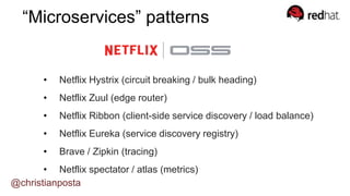 • Netflix Hystrix (circuit breaking / bulk heading)
• Netflix Zuul (edge router)
• Netflix Ribbon (client-side service discovery / load balance)
• Netflix Eureka (service discovery registry)
• Brave / Zipkin (tracing)
• Netflix spectator / atlas (metrics)
“Microservices” patterns
@christianposta
 