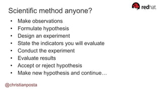 @christianposta
Scientific method anyone?
• Make observations
• Formulate hypothesis
• Design an experiment
• State the indicators you will evaluate
• Conduct the experiment
• Evaluate results
• Accept or reject hypothesis
• Make new hypothesis and continue…
 