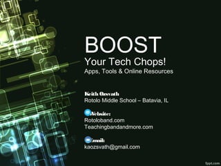 BOOST
Your Tech Chops!
Apps, Tools & Online Resources
Keith Ozsvath
Rotolo Middle School – Batavia, IL
Website:
Rotoloband.com
Teachingbandandmore.com
Email:
kaozsvath@gmail.com
 