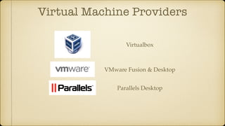 Virtualbox
VMware Fusion & Desktop
Parallels Desktop
Virtual Machine Providers
 