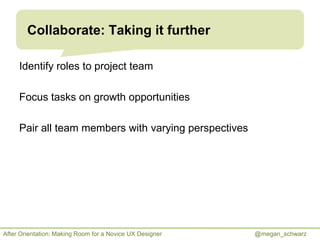 Collaborate: Taking it further
Identify roles to project team
Focus tasks on growth opportunities
Pair all team members wi...