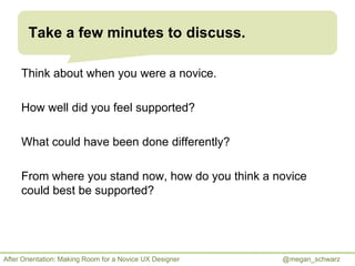 Take a few minutes to discuss.
Think about when you were a novice.
How well did you feel supported?
What could have been d...