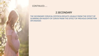 CONTINUED…..
2.SECONDARY
THE SECONDARY CERVICAL DYSTOCIA RESULTS USUALLY FROM THE EFFECT OF
SCARRING OR RIGIDITY OF CERVIX FROM THE EFFECT OF PREVIOUS OPERETION
OR DISEASES
 