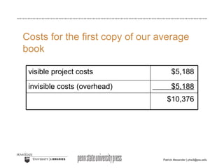 Costs for the first copy of our average book $10,376 $5,188 invisible costs (overhead) $5,188 visible project costs 