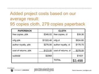 Added project costs based on our average result: 95 copies cloth, 279 copies paperback CLOTH PAPERBACK $3,498 TOTAL $1431 $2068 subtotal $278.00 cost of returns, cl $123.00 cost of returns, pbk $178.70 author royalty, cl $276.56 author royalty, pbk $934.80 mfg cl $1322.46 mfg pbk $39.36 free copies, cl $346.02 free copies, pbk 