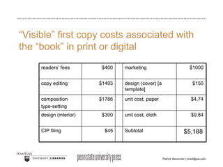 “ Visible” first copy costs associated with the “book” in print or digital $5,188 Subtotal $45 CIP filing $9.84 unit cost, cloth $300 design (interior) $4.74 unit cost, paper $1786 composition type-setting $150 design (cover) [a template] $1493 copy editing $1000 marketing $400 readers’ fees 