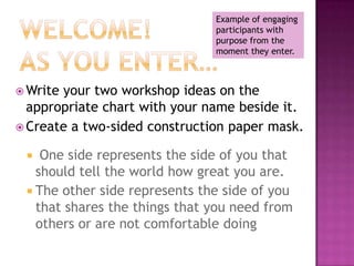 Example of engaging participants with purpose from the moment they enter. Welcome!  As you enter… Write your two workshop ideas on the appropriate chart with your name beside it. Create a two-sided construction paper mask.  One side represents the side of you that should tell the world how great you are. The other side represents the side of you that shares the things that you need from others or are not comfortable doing 
