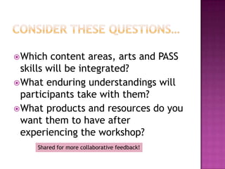 Partner up!This was only the beginning of our feedback and collaboration today. Did your partner’s feedback impact your choice?Share your two workshop ideas with your partner.Partner, listen and ask clarifying questions.Reverse roles.Give each other feedback on how each idea was presented; which idea elicited the most passion, expression, interest?Decide which of your ideas you’d like to work on today.