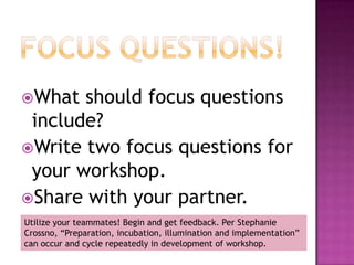 Consider these questions…Which content areas, arts and PASS skills will be integrated?What enduring understandings will participants take with them?What products and resources do you want them to have after experiencing the workshop?Shared for more collaborative feedback!