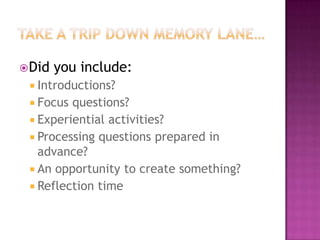 Integrated Workshop FrameworkWhat MIs and Essentials have been addressed?How will you address those that have not been addressed?What’s missing?What are your next steps?What other information do you need to set the agenda?What experts can help you?Are you having fun yet?Find those components! They are there, and the framework will assist you in organizing and recording them!