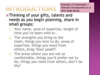 Example of meaningful / relevant introductions in a very large group.IntroductionsThinking of your gifts, talents and needs as you begin planning, share in small groups:Your name, area of expertise, length of time you’ve been with A+.The strengths you bring to the team, things you love to do, areas of expertise, things you need from others…brag ‘bout yaself! The areas where you are not so comfortable, things you’d prefer not to do, things you need from others…don’t be shy!