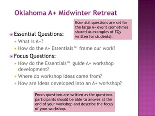 Oklahoma A+ Midwinter RetreatEssential questions are set for the large A+ event (sometimes shared as examples of EQs written for students).Essential Questions:What is A+?How do the A+ Essentials™  frame our work?Focus Questions:How do the Essentials™  guide A+ workshop development?Where do workshop ideas come from?How are ideas developed into an A+ workshop?Focus questions are written as the questions participants should be able to answer at the end of your workshop and describe the focus of your workshop.
