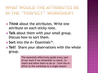 What would the attributes be in the “Perfect” workshop?Think about the attributes.Write one attribute on each sticky note.Talk about them with your small group. Discuss how to sort them.Sort into the A+ Essentials™.Tell!  Share your observations with the whole group.The essentials effectively guide every part of our work if we remember to check, re-check and allow them to do so – from the A+ office to the workshop to a single lesson!