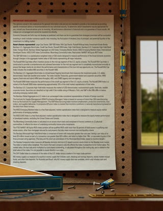 IMPORTANT DISCLOSURES
The opinions voiced in this material are for general information only and are not intended to provide or be construed as providing
specific investment advice or recommendations for any individual security. To determine which investments may be appropriate for
you, consult your financial advisor prior to investing. All performance referenced is historical and is no guarantee of future results. All
indexes are unmanaged and cannot be invested into directly.
Economic forecasts set forth may not develop as predicted, and there can be no guarantee that strategies promoted will be successful.
Investing in stock includes numerous specific risks including: the fluctuation of dividend, loss of principal, and potential liquidity of the
investment in a falling market.
Asset classes represented: Large Cap Stocks: SP 500 Index; Mid Cap Stocks: Russell Midcap Index; Investment-Grade Bonds:
Barclays U.S. Aggregate Bond Index; Small Cap Stocks: Russell 2000 Index; High-Yield Bonds: Barclays U.S. Corporate High-Yield Bond
Index; Foreign Bonds: Barclays Global Aggregate ex-USD Index; Emerging Market Stocks: MSCI Emerging Markets Index; International
Developed Stocks: MSCI EAFE Index Commodities: Bloomberg Commodity Index; Real estate: NAREIT All Equity REIT Index
The SP 500 Index is a capitalization-weighted index of 500 stocks designed to measure performance of the broad domestic economy
through changes in the aggregate market value of 500 stocks representing all major industries.
The Russell Mid Cap Index offers investors access to the mid cap segment of the U.S. equity universe. The Russell Mid Cap Index is
constructed to provide a comprehensive and unbiased barometer for the mid cap segment and is completely reconstituted annually to
ensure that larger stocks do not distort the performance and characteristics of the true mid cap opportunity set. The Russell Mid Cap
Index includes the smallest 800 securities in the Russell 1000.
The Barclays U.S. Aggregate Bond Index is a broad-based flagship benchmark that measures the investment-grade, U.S. dollar-
denominated, fixed-rate taxable bond market. The index includes Treasuries, government-related and corporate securities, MBS
(agency fixed-rate and hybrid ARM pass-throughs), ABS, and CMBS (agency and non-agency).
The Russell 2000 Index measures the performance of the small cap segment of the U.S. equity universe. The Russell 2000 Index is a
subset of the Russell 3000 Index representing approximately 10% of the total market capitalization of that index.
The Barclays U.S. Corporate High-Yield Index measures the market of USD-denominated, noninvestment-grade, fixed-rate, taxable
corporate bonds. Securities are classified as high yield if the middle rating of Moody’s, Fitch, and SP is Ba1/BB+/BB+ or below,
excluding emerging markets debt.
The Barclays Global Aggregate ex-U.S. Index is an unmanaged index considered representative of bonds of foreign countries.
The Institute for Supply Management (ISM) Purchasing Managers’ Index is based on surveys of more than 300 manufacturing
firms by the Institute for Supply Management. The ISM Manufacturing Index monitors employment, production inventories, new
orders, and supplier deliveries. A composite diffusion index is created that monitors conditions in national manufacturing based on
the data from these surveys.
The MSCI Emerging Markets Index is a free float-adjusted, market capitalization index that is designed to measure equity market
performance of emerging markets.
The MSCI EAFE Index is a free float-adjusted, market-capitalization index that is designed to measure the equity market performance
of developed markets, excluding the United States and Canada.
The Bloomberg Commodity Index is calculated on an excess return basis and composed of futures contracts on 22 physical
commodities. It reflects the return of underlying commodity futures price movements.
The FTSE NAREIT All Equity REITs Index contains all tax-qualified REITs with more than 50 percent of total assets in qualifying real
estate assets, other than mortgages secured by real property that also meet minimum size and liquidity criteria.
The Barclays Municipal High Yield Bond Index is comprised of bonds with maturities greater than one year, having a par value of at
least $3 million issued as part of a transaction size greater than $20 million, and rated no higher than `BB+’ or equivalent by any of the
three principal rating agencies. (The long and the short are subindexes of the Municipal Bond Index, based on duration length.)
The Nasdaq Composite Index measures all Nasdaq domestic and non-U.S.-based common stocks listed on the Nasdaq stock market.
The index is market-value weighted. This means that each company’s security affects the index in proportion to its market value. The
market value, the last sale price multiplied by total shares outstanding, is calculated throughout the trading day, and is related to the
total value of the index. It is not possible to invest directly in an index.
The DXY Dollar Index is a measure of the value of the U.S. dollar versus a basket of its major trade partners.
M2 money supply is a measure of a country’s money supply that includes cash, checking and savings deposits, money market mutual
funds, and other time deposits. For Australia and Brazil, only M1 money supply data was available, which only includes cash and
checking deposits.
 