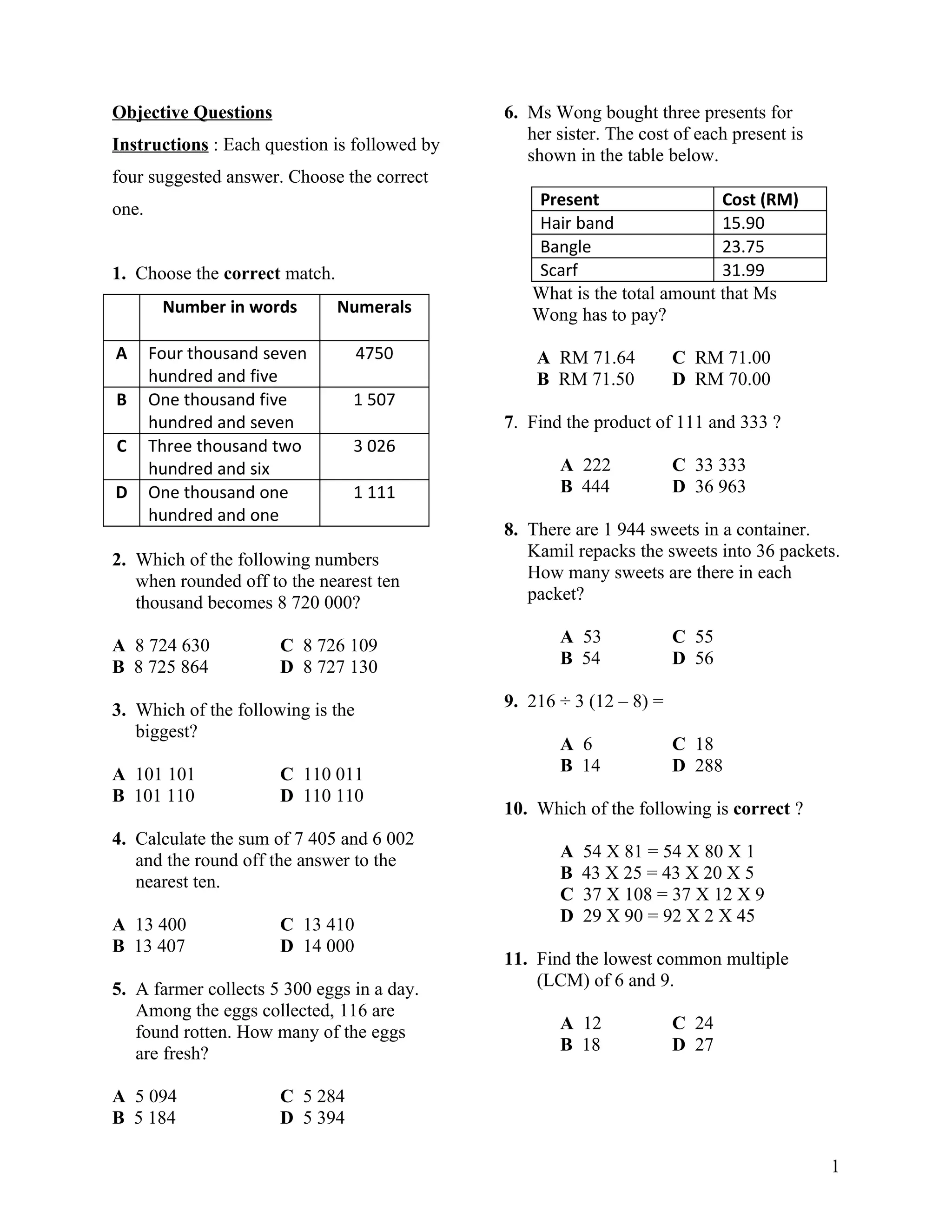 Objective Questions                           6. Ms Wong bought three presents for
                                                 her sister. The cost of each present is
Instructions : Each question is followed by
                                                 shown in the table below.
four suggested answer. Choose the correct
                                                 Present                  Cost (RM)
one.
                                                 Hair band                15.90
                                                 Bangle                   23.75
1. Choose the correct match.                     Scarf                    31.99
                                                 What is the total amount that Ms
        Number in words        Numerals          Wong has to pay?

A      Four thousand seven         4750           A RM 71.64          C RM 71.00
       hundred and five                           B RM 71.50          D RM 70.00
B      One thousand five        1 507
       hundred and seven                      7. Find the product of 111 and 333 ?
C      Three thousand two       3 026
       hundred and six                               A 222            C 33 333
D      One thousand one         1 111                B 444            D 36 963
       hundred and one
                                              8. There are 1 944 sweets in a container.
2. Which of the following numbers                Kamil repacks the sweets into 36 packets.
   when rounded off to the nearest ten           How many sweets are there in each
   thousand becomes 8 720 000?                   packet?

A 8 724 630           C 8 726 109                    A 53             C 55
B 8 725 864           D 8 727 130                    B 54             D 56

3. Which of the following is the              9. 216 ÷ 3 (12 – 8) =
   biggest?
                                                     A 6              C 18
A 101 101             C 110 011                      B 14             D 288
B 101 110             D 110 110
                                              10. Which of the following is correct ?
4. Calculate the sum of 7 405 and 6 002
   and the round off the answer to the               A   54 X 81 = 54 X 80 X 1
   nearest ten.                                      B   43 X 25 = 43 X 20 X 5
                                                     C   37 X 108 = 37 X 12 X 9
A 13 400              C 13 410                       D   29 X 90 = 92 X 2 X 45
B 13 407              D 14 000
                                              11. Find the lowest common multiple
5. A farmer collects 5 300 eggs in a day.         (LCM) of 6 and 9.
   Among the eggs collected, 116 are
   found rotten. How many of the eggs                A 12             C 24
   are fresh?                                        B 18             D 27

A 5 094               C 5 284
B 5 184               D 5 394

                                                                                           1
 