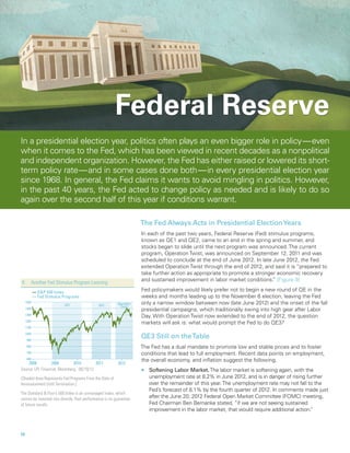 Federal Reserve
In a presidential election year, politics often plays an even bigger role in policy — even
when it comes to the Fed, which has been viewed in recent decades as a nonpolitical
and independent organization. However, the Fed has either raised or lowered its short-
term policy rate  and in some cases done both  in every presidential election year
                 —                                   — 
since 1968. In general, the Fed claims it wants to avoid mingling in politics. However,
in the past 40 years, the Fed acted to change policy as needed and is likely to do so
again over the second half of this year if conditions warrant.

                                                                      The Fed Always Acts in Presidential Election Years
                                                                      In each of the past two years, Federal Reserve (Fed) stimulus programs,
                                                                      known as QE1 and QE2, came to an end in the spring and summer, and
                                                                      stocks began to slide until the next program was announced. The current
                                                                      program, Operation Twist, was announced on September 12, 2011 and was
                                                                      scheduled to conclude at the end of June 2012. In late June 2012, the Fed
                                                                      extended Operation Twist through the end of 2012, and said it is “prepared to
                                                                      take further action as appropriate to promote a stronger economic recovery
                                                                      and sustained improvement in labor market conditions. [Figure 9]
                                                                                                                             ”
9	     Another Fed Stimulus Program Looming
           SP 500 Index                                              Fed policymakers would likely prefer not to begin a new round of QE in the
           Fed Stimulus Programs                                      weeks and months leading up to the November 6 election, leaving the Fed
  1500
                          QE1                  QE2        Operation   only a narrow window between now (late June 2012) and the onset of the fall
                                                            Twist
  1400                                                                presidential campaigns, which traditionally swing into high gear after Labor
  1300
                                                                      Day. With Operation Twist now extended to the end of 2012, the question
  1200
                                                                      markets will ask is: what would prompt the Fed to do QE3?
  1100
  1000
     900
                                                                      QE3 Still on the Table
     800                                                              The Fed has a dual mandate to promote low and stable prices and to foster
     700                                                              conditions that lead to full employment. Recent data points on employment,
     600                                                              the overall economy, and inflation suggest the following.
    2008          2009         2010       2011            2012
Source: LPL Financial, Bloomberg 06/19/12                             nn   Softening Labor Market. The labor market is softening again, with the
(Shaded Area Represents Fed Programs From the Date of                      unemployment rate at 8.2% in June 2012, and is in danger of rising further
Announcement Until Termination.)                                           over the remainder of this year. The unemployment rate may not fall to the
                                                                           Fed’s forecast of 8.1% by the fourth quarter of 2012. In comments made just
The Standard  Poor’s 500 Index is an unmanaged index, which
cannot be invested into directly. Past performance is no guarantee
                                                                           after the June 20, 2012 Federal Open Market Committee (FOMC) meeting,
of future results.                                                         Fed Chairman Ben Bernanke stated, “if we are not seeing sustained
                                                                           improvement in the labor market, that would require additional action.
                                                                                                                                                ”



10		
 