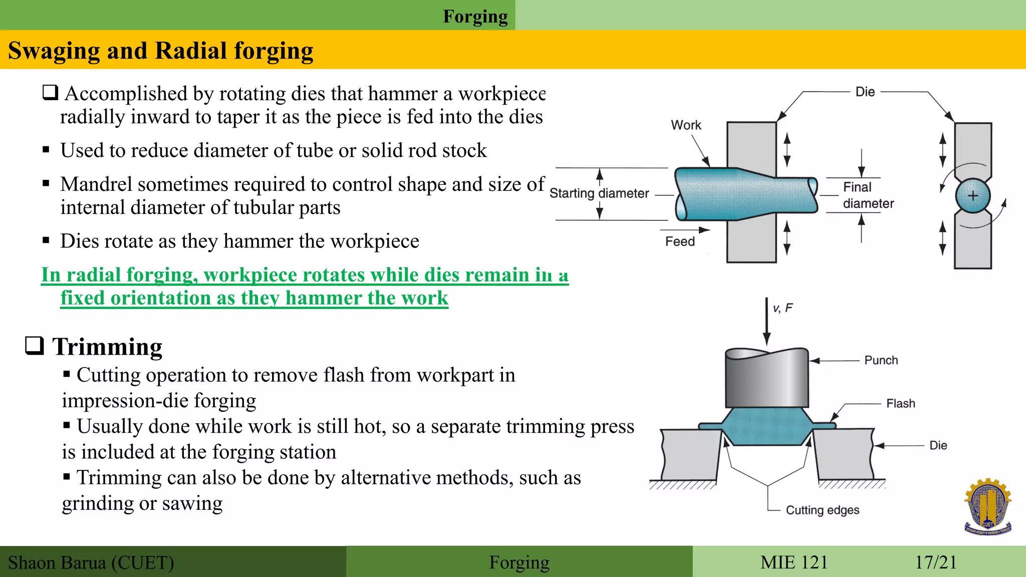 Shaon Barua (CUET)
Forging
MIE 121 17/21Forging
Swaging and Radial forging
 Accomplished by rotating dies that hammer a workpiece
radially inward to taper it as the piece is fed into the dies
 Used to reduce diameter of tube or solid rod stock
 Mandrel sometimes required to control shape and size of
internal diameter of tubular parts
 Dies rotate as they hammer the workpiece
In radial forging, workpiece rotates while dies remain in a
fixed orientation as they hammer the work
 Trimming
 Cutting operation to remove flash from workpart in
impression-die forging
 Usually done while work is still hot, so a separate trimming press
is included at the forging station
 Trimming can also be done by alternative methods, such as
grinding or sawing
 