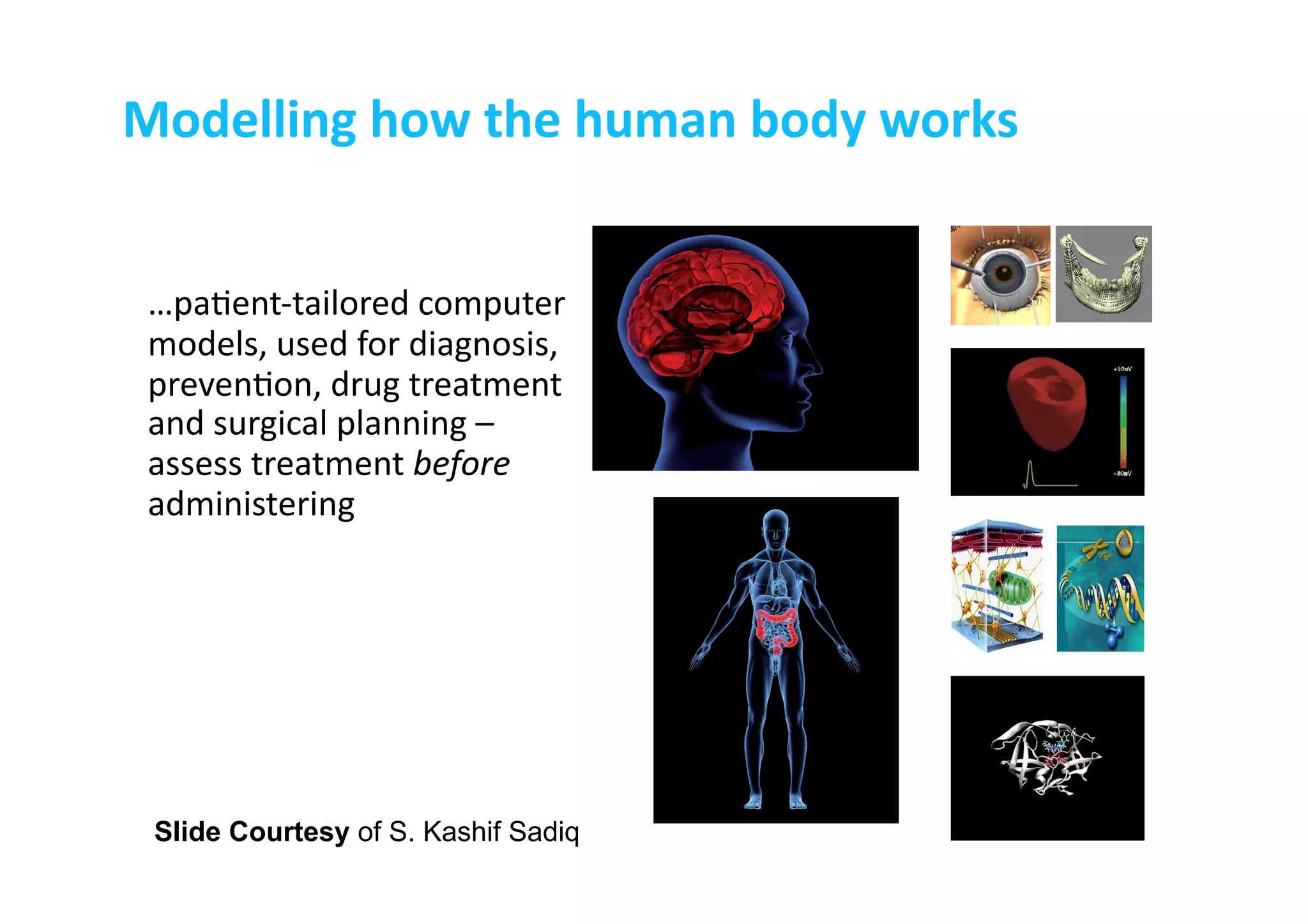  …pa-ent-­‐tailored	
  computer	
  
models,	
  used	
  for	
  diagnosis,	
  
preven-on,	
  drug	
  treatment	
  
and	
  surgical	
  planning	
  –	
  
assess	
  treatment	
  before	
  
administering	
  
Modelling	
  how	
  the	
  human	
  body	
  works	
  	
  
Slide Courtesy of S. Kashif Sadiq
 