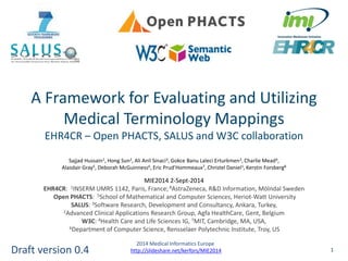 A Framework for Evaluating and Utilizing 
Medical Terminology Mappings 
EHR4CR – Open PHACTS, SALUS and W3C collaboration 
Sajjad Hussain1, Hong Sun2, Ali Anil Sinaci3, Gokce Banu Laleci Erturkmen3, Charlie Mead4, 
Alasdair Gray5, Deborah McGuinness6, Eric Prud’Hommeaux7, Christel Daniel1, Kerstin Forsberg8 
MIE2014 2-Sept-2014 
EHR4CR: 1INSERM UMRS 1142, Paris, France; 8 AstraZeneca, R&D Information, Mölndal Sweden 
Open PHACTS: 5School of Mathematical and Computer Sciences, Heriot-Watt University 
SALUS: 3Software Research, Development and Consultancy, Ankara, Turkey, 
2Advanced Clinical Applications Research Group, Agfa HealthCare, Gent, Belgium 
W3C: 4Health Care and Life Sciences IG, 7MIT, Cambridge, MA, USA, 
6Department of Computer Science, Rensselaer Polytechnic Institute, Troy, US 
1 
2014 Medical Informatics Europe 
Version 1.0 http://slideshare.net/kerfors/MIE2014 
 
