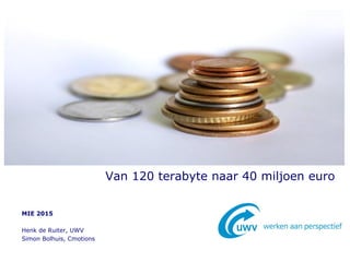MIE 2015
Henk de Ruiter, UWV
Simon Bolhuis, Cmotions
Van 120 terabyte naar 40 miljoen euro
 