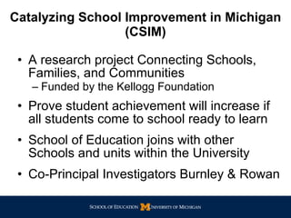 Catalyzing School Improvement in Michigan (CSIM) A research project Connecting Schools, Families, and Communities Funded by the Kellogg Foundation Prove student achievement will increase if all students come to school ready to learn School of Education joins with other Schools and units within the University Co-Principal Investigators Burnley & Rowan 
