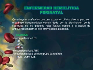 ENFERMEDAD HEMOLITICA
PERINATAL
Constituye una afección con una expresión clínica diversa pero con
una base fisiopatológica común dada por la disminución de la
sobrevida de los glóbulos rojos fetales debido a la acción de
anticuerpos maternos que atraviesan la placenta.
CAUSAS
Incompatibilidad Rh
D
C, c
E, e
Incompatibilidad ABO
Incompatibilidad de otro grupo sanguíneo
Kell, Duffy, Kid…
 