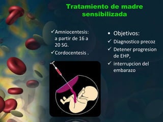 Tratamiento de madre
sensibilizada
Amniocentesis:
a partir de 16 a
20 SG.
Cordocentesis .
• Objetivos:
 Diagnostico precoz
 Detener progresion
de EHP,
 interrupcion del
embarazo
 