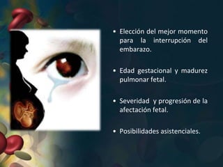 • Elección del mejor momento
para la interrupción del
embarazo.
• Edad gestacional y madurez
pulmonar fetal.
• Severidad y progresión de la
afectación fetal.
• Posibilidades asistenciales.
 
