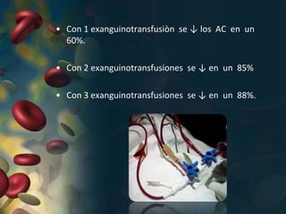 • Con 1 exanguinotransfusiòn se ↓ los AC en un
60%.
• Con 2 exanguinotransfusiones se ↓ en un 85%
• Con 3 exanguinotransfusiones se ↓ en un 88%.
 