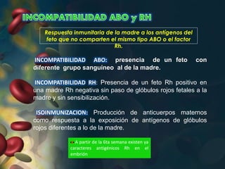 INCOMPATIBILIDAD ABO: presencia de un feto con
diferente grupo sanguíneo al de la madre.
INCOMPATIBILIDAD RH: Presencia de un feto Rh positivo en
una madre Rh negativa sin paso de glóbulos rojos fetales a la
madre y sin sensibilización.
ISOINMUNIZACION: Producción de anticuerpos maternos
como respuesta a la exposición de antígenos de glóbulos
rojos diferentes a lo de la madre.
Respuesta inmunitaria de la madre a los antígenos del
feto que no comparten el mismo tipo ABO o el factor
Rh.
A partir de la 6ta semana existen ya
caracteres antigénicos Rh en el
embrión
 