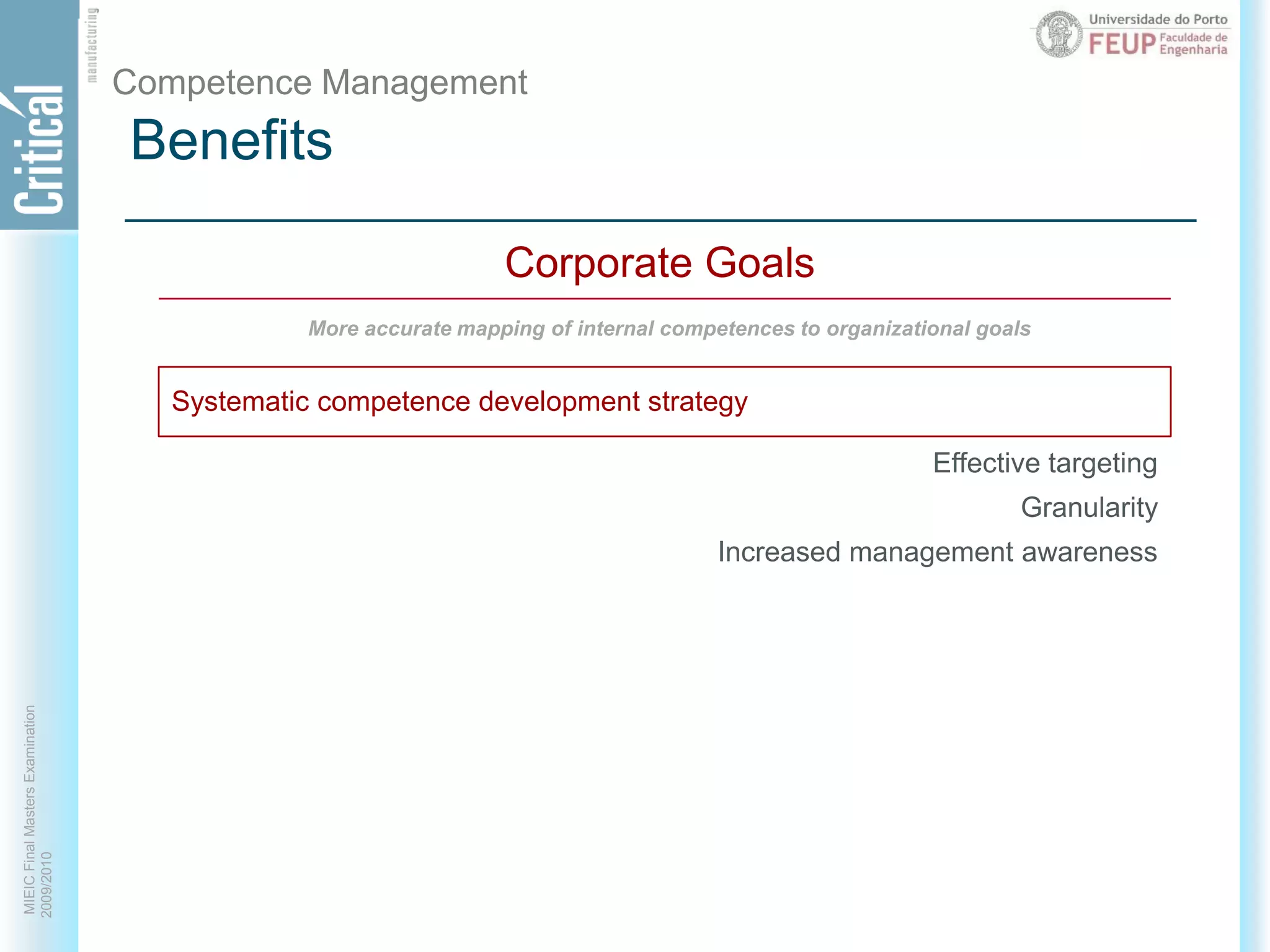 BenefitsCompetence ManagementCorporate GoalsMore accurate mapping of internal competences to organizational goalsSystematic competence development strategyEffective targetingGranularityIncreased management awareness 