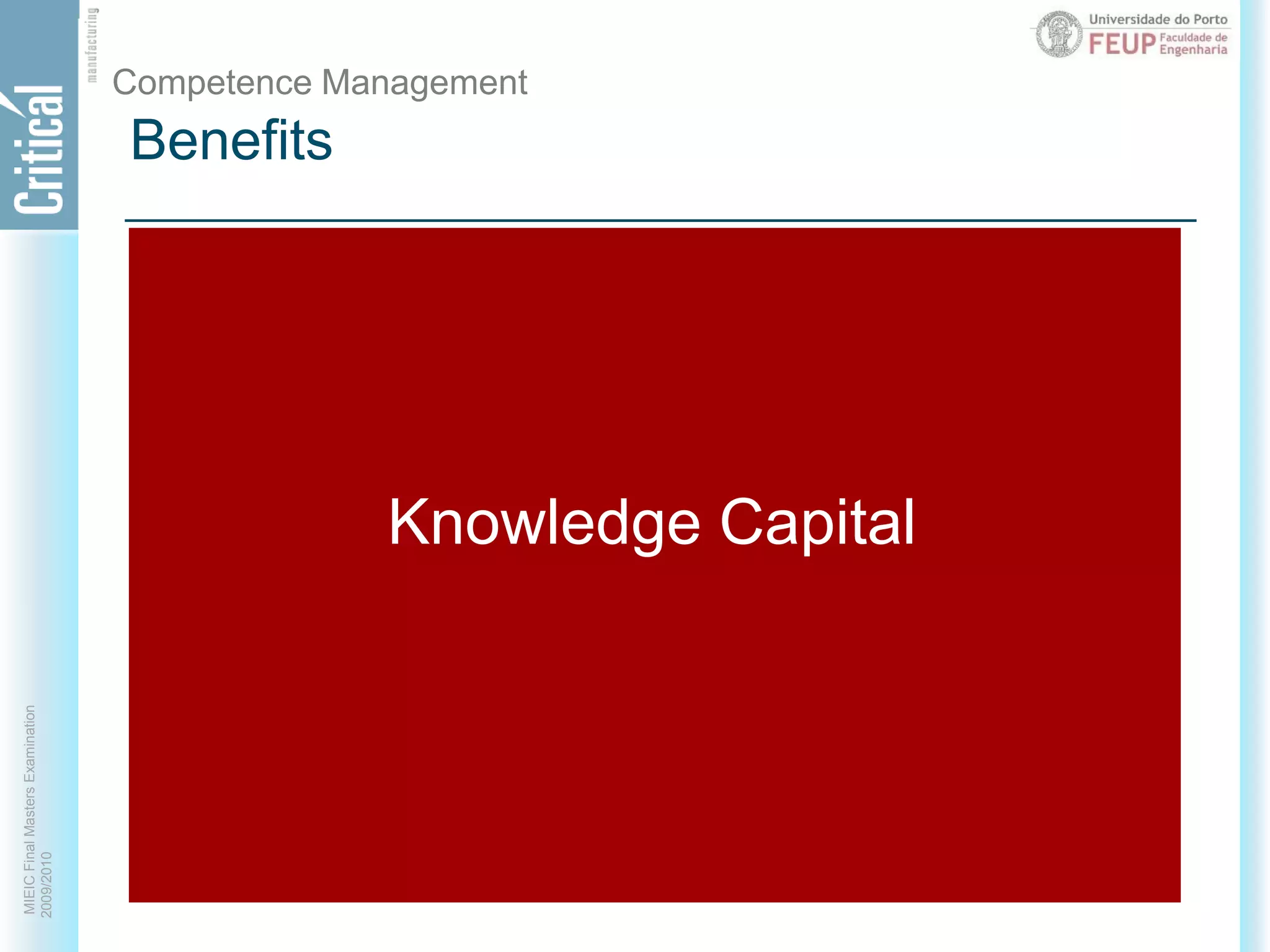BenefitsCompetence ManagementCorporate GoalsMore accurate mapping of internal competences to organizational goalsSystematic competence development strategyCompetence matchingTop down corporate competences overviewEffective targetingGranularityIncreased management awareness Project teams staffingJob profilesKnowledge CapitalIncreased flexibility, speed and accuracy by identifying who knows what on a global basis