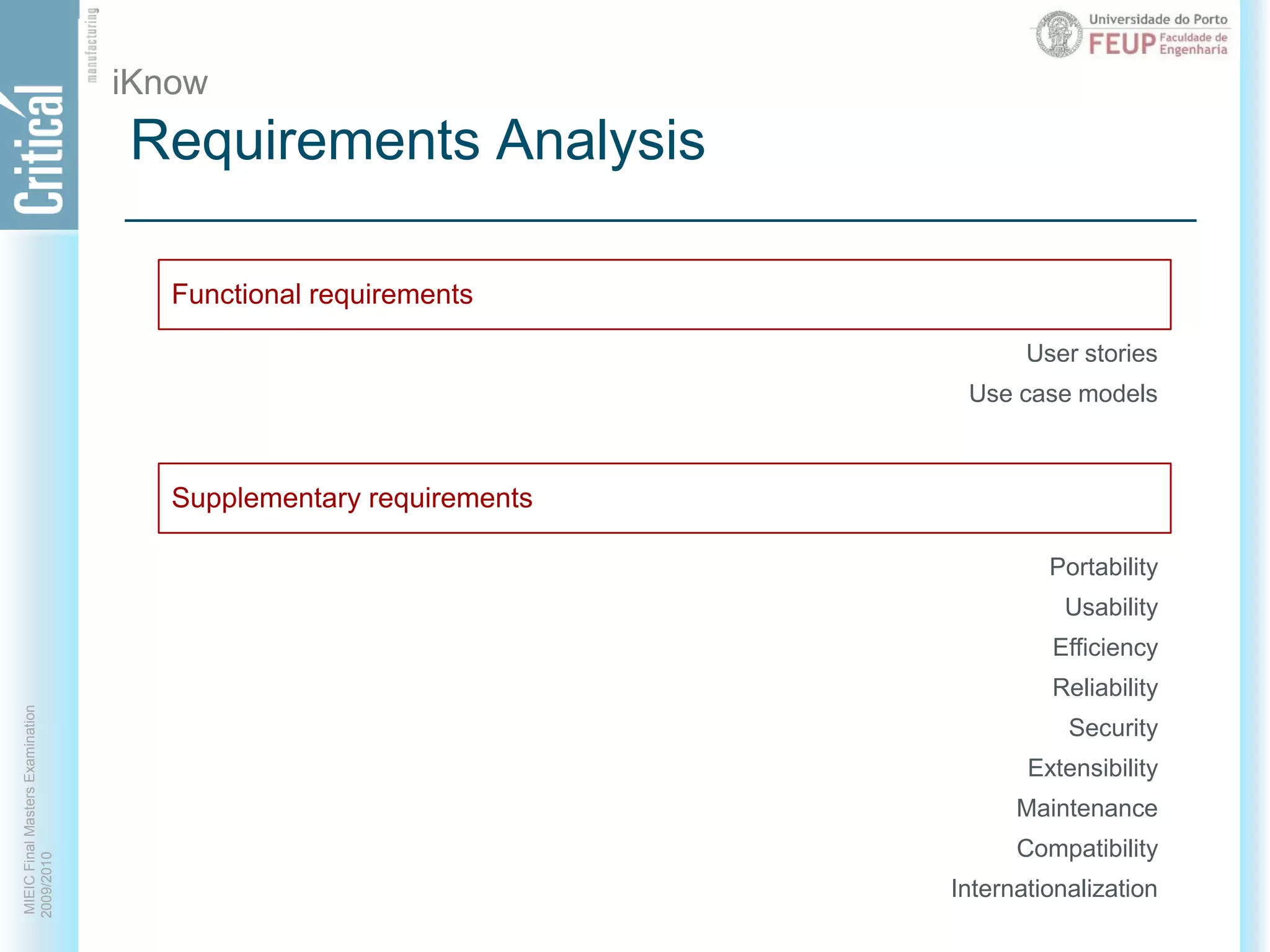 Requirements AnalysisiKnowUser storiesUse case modelsFunctional requirementsSupplementary requirementsPortabilityUsabilityEfficiencyReliabilitySecurityExtensibilityMaintenanceCompatibilityInternationalization