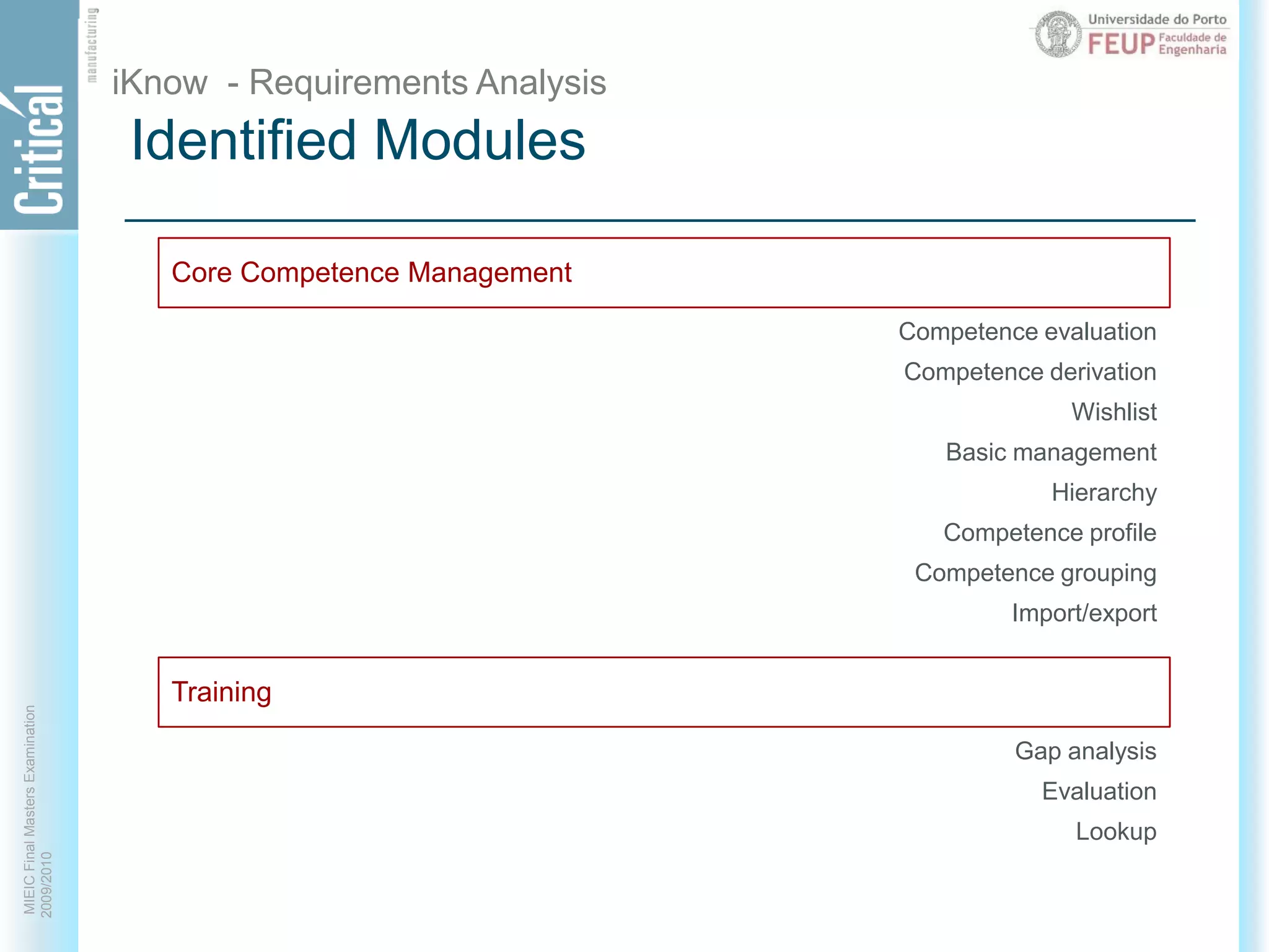 iKnow - Requirements AnalysisIdentified ModulesCompetence evaluationCompetence derivationWishlistBasic managementHierarchyCompetence profileCompetence groupingImport/exportCore Competence ManagementTrainingGap analysisEvaluationLookup