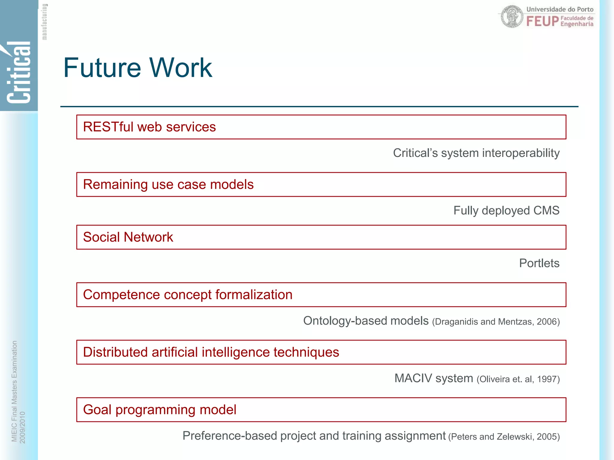 Future WorkCritical’s system interoperabilityRESTful web servicesRemaining use case modelsSocial NetworkCompetence concept formalizationDistributed artificial intelligence techniquesGoal programming modelFully deployed CMSPortletsOntology-based models (Draganidis and Mentzas, 2006)MACIV system (Oliveira et. al, 1997)Preference-based project and training assignment (Peters and Zelewski, 2005)