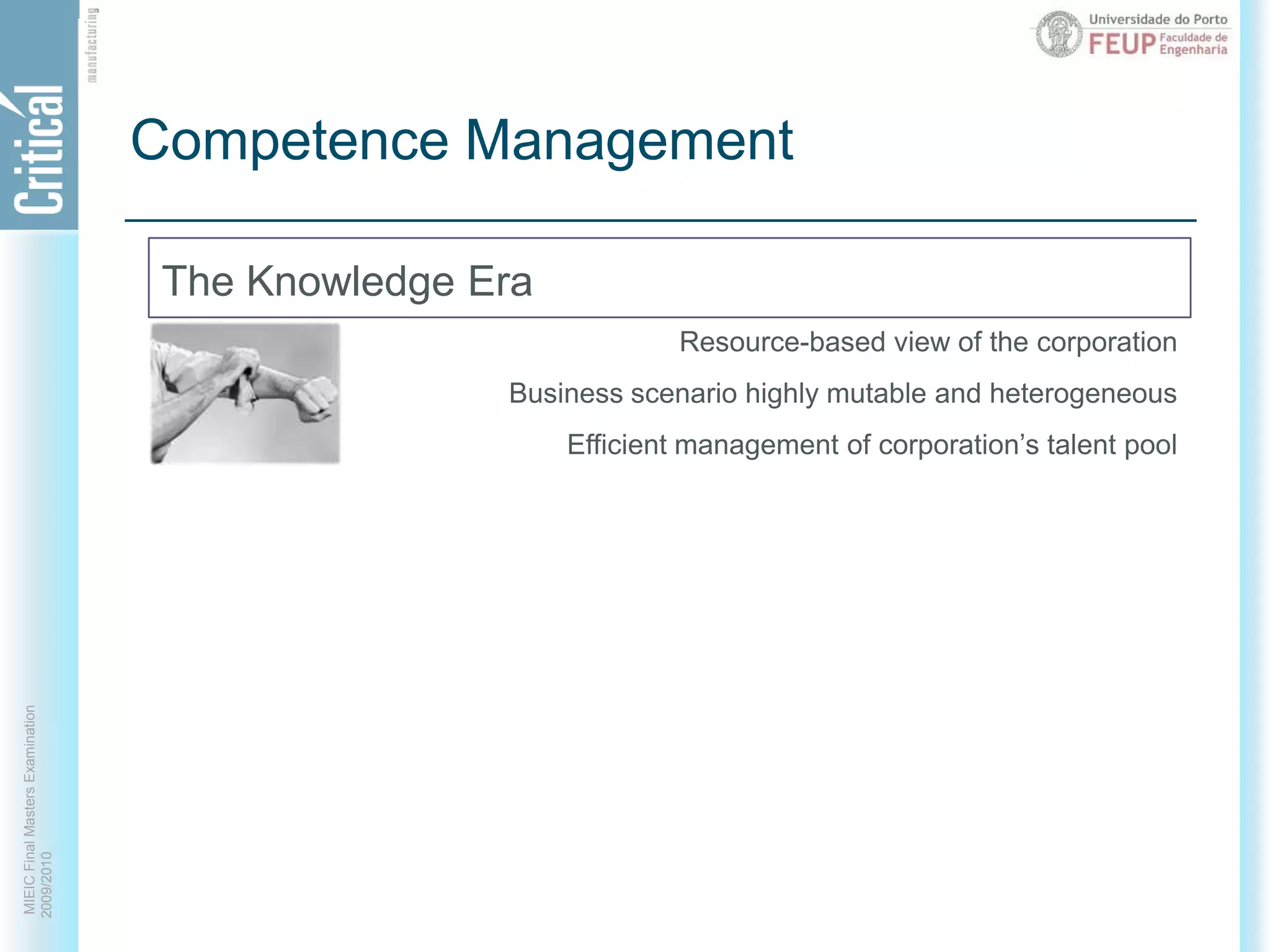 Competence ManagementThe Knowledge EraResource-based view of the corporationBusiness scenario highly mutable and heterogeneousEfficient management of corporation’s talent pool