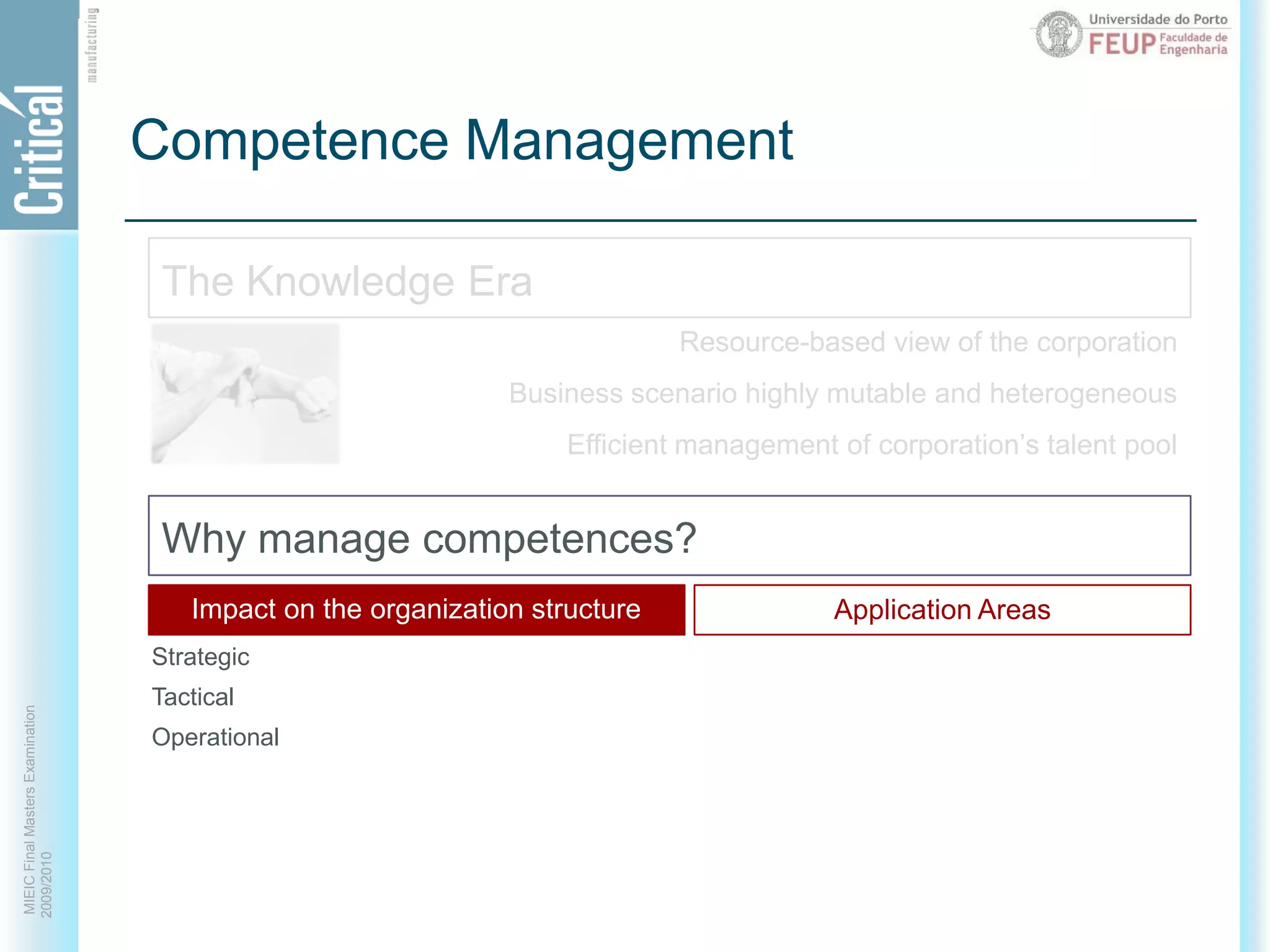 Competence ManagementThe Knowledge EraResource-based view of the corporationBusiness scenario highly mutable and heterogeneousEfficient management of corporation’s talent poolWhy manage competences?Impact on the organization structureImpact on the organization structureApplication AreasStrategicTacticalOperational