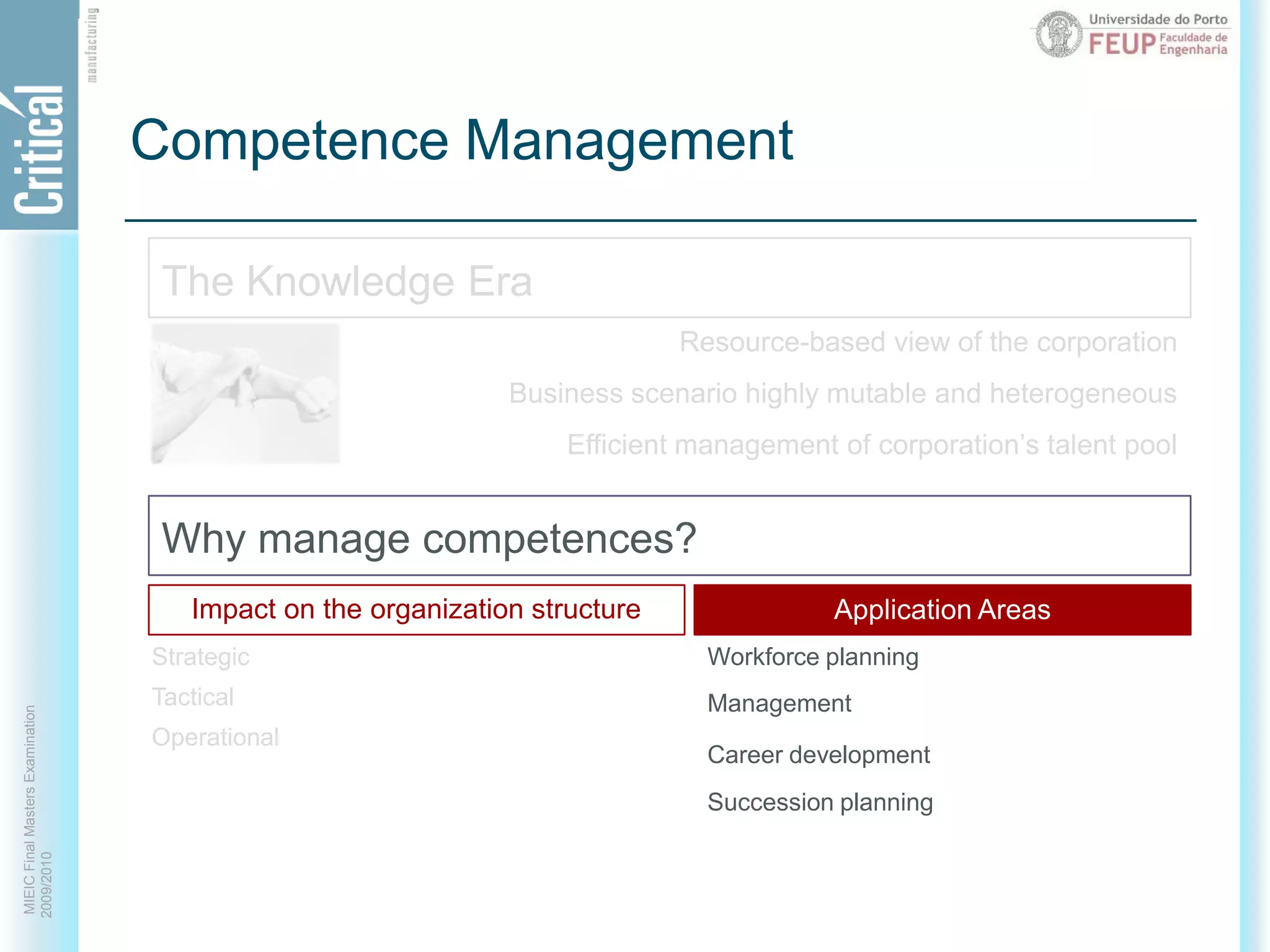 Competence ManagementThe Knowledge EraResource-based view of the corporationBusiness scenario highly mutable and heterogeneousEfficient management of corporation’s talent poolWhy manage competences?Impact on the organization structureApplication AreasApplication AreasStrategicTacticalOperationalWorkforce planningManagementCareer developmentSuccession planning