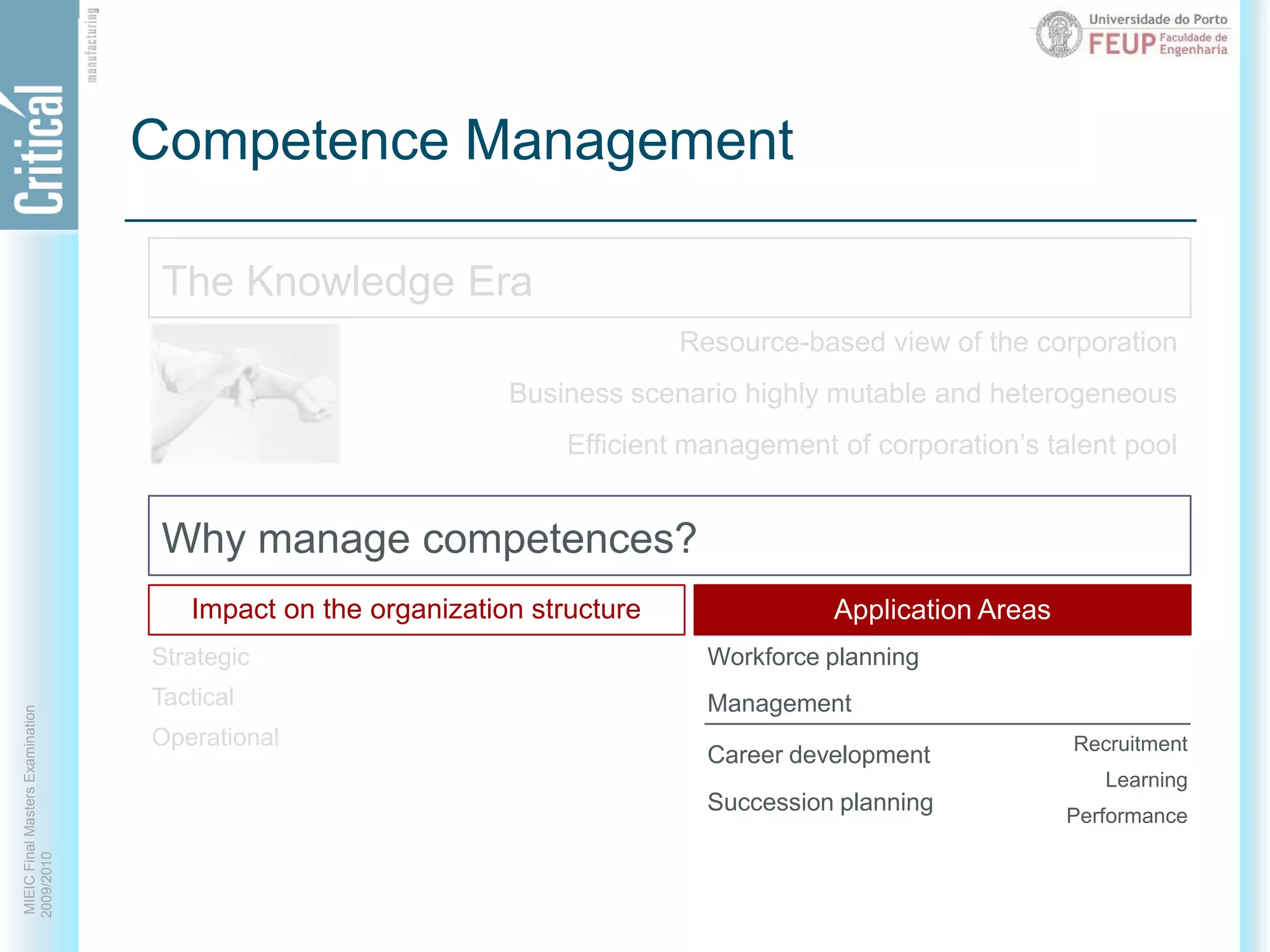 Competence ManagementThe Knowledge EraResource-based view of the corporationBusiness scenario highly mutable and heterogeneousEfficient management of corporation’s talent poolWhy manage competences?Impact on the organization structureApplication AreasApplication AreasStrategicTacticalOperationalWorkforce planningManagementRecruitmentLearningPerformanceCareer developmentSuccession planning