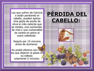 Los que sufren de Calvicie o están perdiendo el cabello, pueden aplicar Una pasta de aceite de oliva lo más caliente que se resista, una cucharada  de miel y una cucharadita de canela en polvo al cuero cabelludo.  Dejarlo por 15 minutos antes de ducharse.  Se probó efectivo aún con los que dejaron la pasta en su cabeza  solamente 5 minutos. PÉRDIDA DEL CABELLO :  