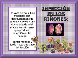 Un vaso de agua tibia mezclada con  dos cucharadas de canela en polvo y una cucharada de miel, mata a los gérmenes que producen infección en los riñones. Tomar mañana y tarde hasta que pase la infección. INFECCIÓN EN LOS RIÑONES : 