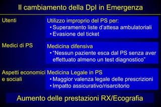 Il cambiamento della DpI in Emergenza
Utenti            Utilizzo improprio del PS per:
                   • Superamento liste d’attesa ambulatoriali
                   • Evasione del ticket

Medici di PS      Medicina difensiva
                   • “Nessun paziente esca dal PS senza aver
                     effettuato almeno un test diagnostico”

Aspetti economici Medicina Legale in PS
e sociali          • Maggior valenza legale delle prescrizioni
                   • Impatto assicurativo/risarcitorio

         Aumento delle prestazioni RX/Ecografia
 