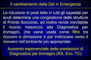 Il cambiamento della DpI in Emergenza

La riduzione di posti letto in tutti gli ospedali per
acuti determina una congestione delle strutture
di Pronto Soccorso, ed inoltre rende inevitabile
il ricorso massiccio alla Diagnostica per
Immagini, che viene usata come filtro tra
ricovero e dimissione e per indirizzare verso il
ricovero nell’ambiente più appropriato
  Aumento esponenziale delle prestazioni di
   Diagnostica per Immagini (RX, Eco, TC)
 