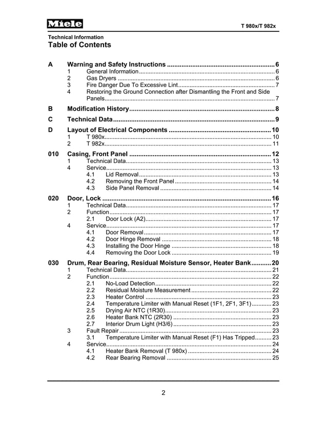 Miele Gas Dryer T9820 Service Manual PDF