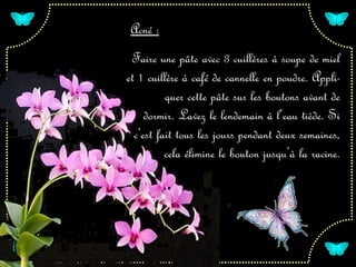 Acné :
 Faire une pâte avec 3 cuillères à soupe de miel
et 1 cuillère à café de cannelle en poudre. Appli-
          quer cette pâte sur les boutons avant de
     dormir. Lavez le lendemain à l’eau tiède. Si
  c’est fait tous les jours pendant deux semaines,
          cela élimine le bouton jusqu’à la racine.
 