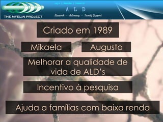 Criado em 1989
AugustoMikaela
Melhorar a qualidade de
vida de ALD’s
Incentivo à pesquisa
Ajuda a famílias com baixa renda
Alunos: Davi T., Erick D. Gabriel T., Paulo Z.,
Vinícius M.
 