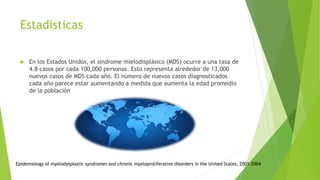 Estadisticas
 En los Estados Unidos, el síndrome mielodisplásico (MDS) ocurre a una tasa de
4.8 casos por cada 100,000 personas. Esto representa alrededor de 13,000
nuevos casos de MDS cada año. El número de nuevos casos diagnosticados
cada año parece estar aumentando a medida que aumenta la edad promedio
de la población
Epidemiology of myelodysplastic syndromes and chronic myeloproliferative disorders in the United States, 2001-2004
 
