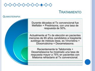TRATAMIENTO
Durante décadas el Tx convencional fue
Melfalán + Prednisona, con una tasa de
respuesta de 50%.
Actualmente el Tx de elección en pacientes
menores de 65 años candidatos a trasplante
autólogo de médula ósea, es Vincristina +
Doxorrubicina + Dexametasona.
Recientemente la Talidomida +
Dexametasona ha mostrado una tasa de
respuesta mayor a 75% en pacientes con
Mieloma refractario al Tx convencional.
QUIMIOTERAPIA:
 