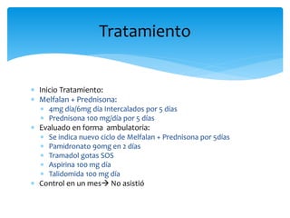 Tratamiento 
 Inicio Tratamiento: 
 Melfalan + Prednisona: 
 4mg día/6mg día Intercalados por 5 días 
 Prednisona 100 mg/día por 5 días 
 Evaluado en forma ambulatoria: 
 Se indica nuevo ciclo de Melfalan + Prednisona por 5días 
 Pamidronato 90mg en 2 días 
 Tramadol gotas SOS 
 Aspirina 100 mg día 
 Talidomida 100 mg día 
 Control en un mes No asistió 
 